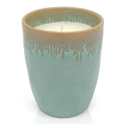 Mea-Living STONEWARE Candela in tazza turchese a cuore, gres fatto a mano, 280 ml, splendida stoviglia con candela