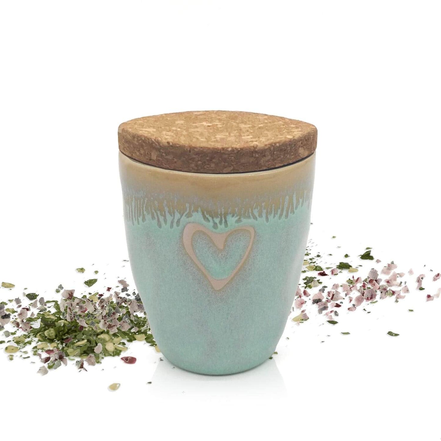 MEA Living, Spice in an espresso cup, STONEWARE mug, heart turquoise, "Steak Pepper"