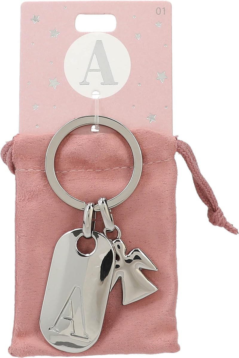 Depesche 11800-001 Silver Keychain with Initial A and Guardian Angel, Zinc Alloy, incl. Pink Velvet Pouch