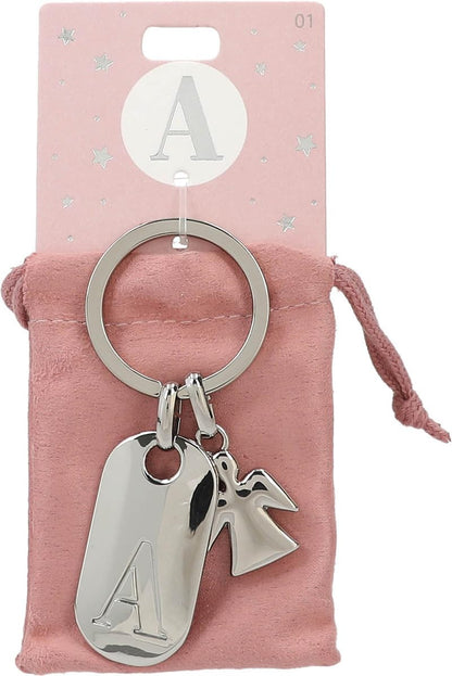 Depesche 11800-001 Silver Keychain with Initial A and Guardian Angel, Zinc Alloy, incl. Pink Velvet Pouch