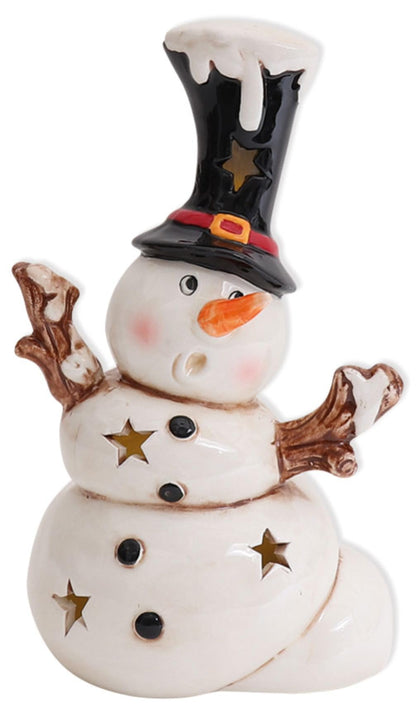 LED Keramik Schneemann Figur Olaf weiß schwarz rot H 18 cm 060028