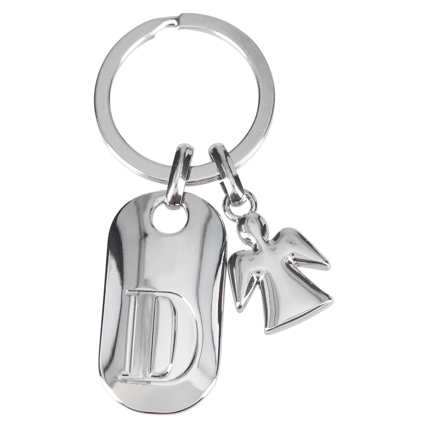 Depesche 11800-005 Silver Key Ring with Letter D and Guardian Angel, Zinc Alloy, incl. dark blue velvet pouch
