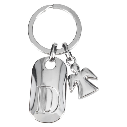 Depesche 11800-005 Silver Key Ring with Letter D and Guardian Angel, Zinc Alloy, incl. dark blue velvet pouch