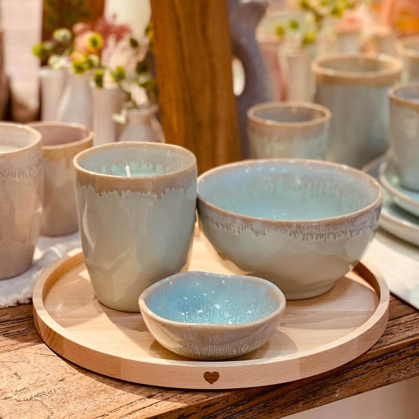 Mea-Living STONEWARE Candela in tazza da caffè espresso turchese a cuore, gres fatto a mano, 150 ml, bellissime stoviglie con candela