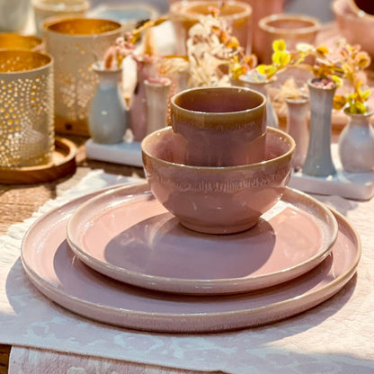 Mea-Living STONEWARE Candela in tazza, cuore rosa, terracotta fatta a mano, 280 ml, splendido servizio da tavola con candela