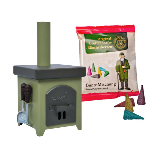 Crottendorfer Räucherofen Hüttenofen anthrazit/grün - inkl. Probepackung & Ofenbesteck