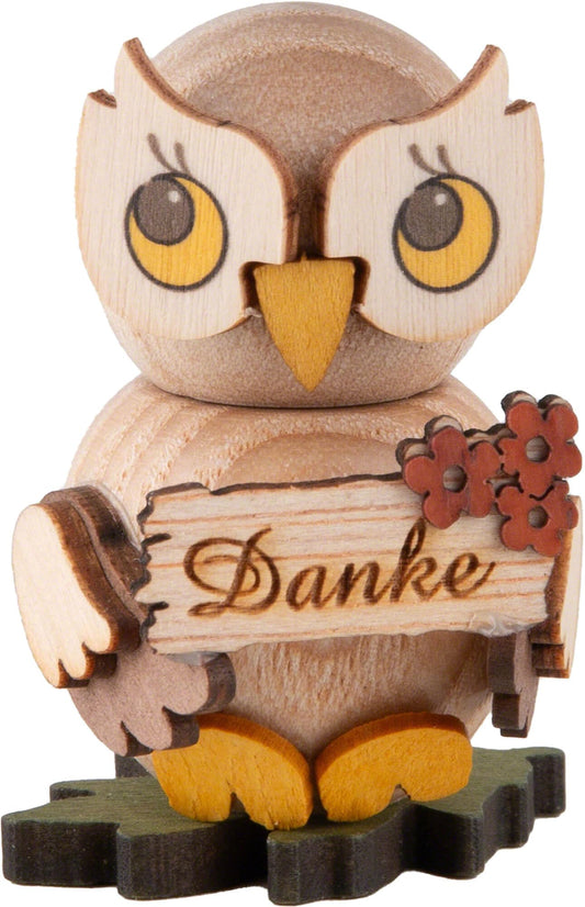 Drechslerei Kuhnert Bambino gufo con cartello "Grazie" - 4 cm