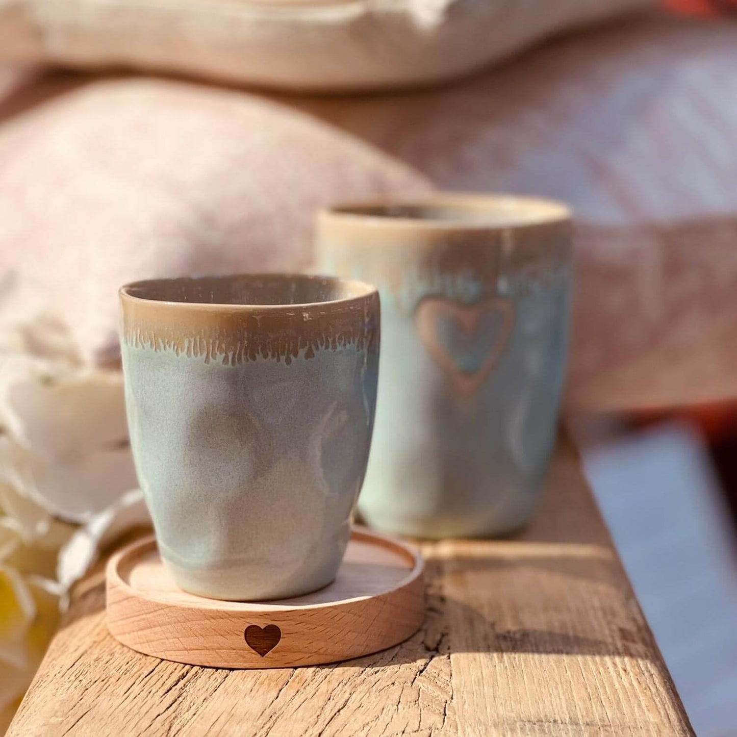 Mea-Living STONEWARE Candela in tazza da caffè espresso turchese a cuore, gres fatto a mano, 150 ml, bellissime stoviglie con candela