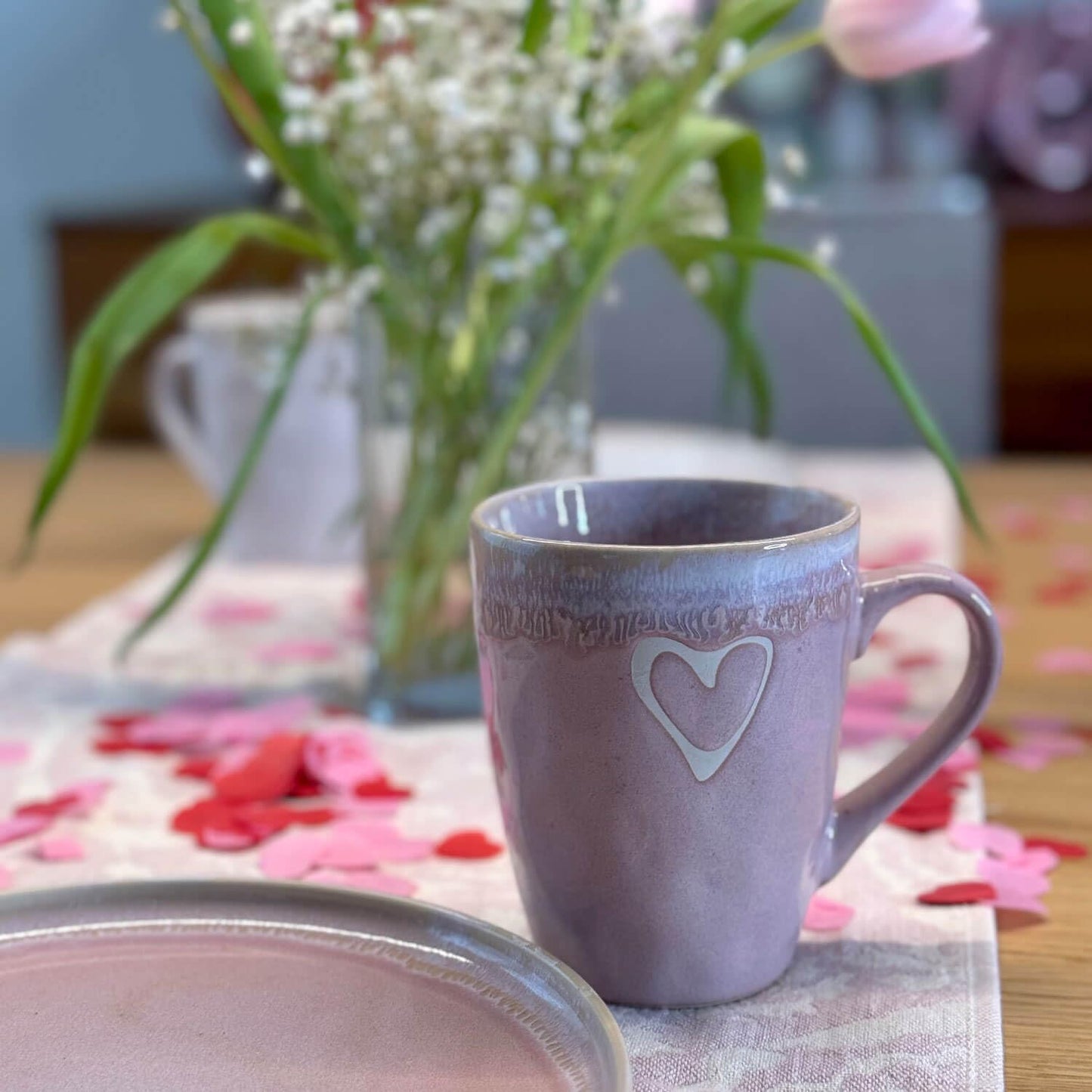 Mea-Living STONEWARE Candela in tazza, cuore rosa, terracotta fatta a mano, 280 ml, splendido servizio da tavola con candela