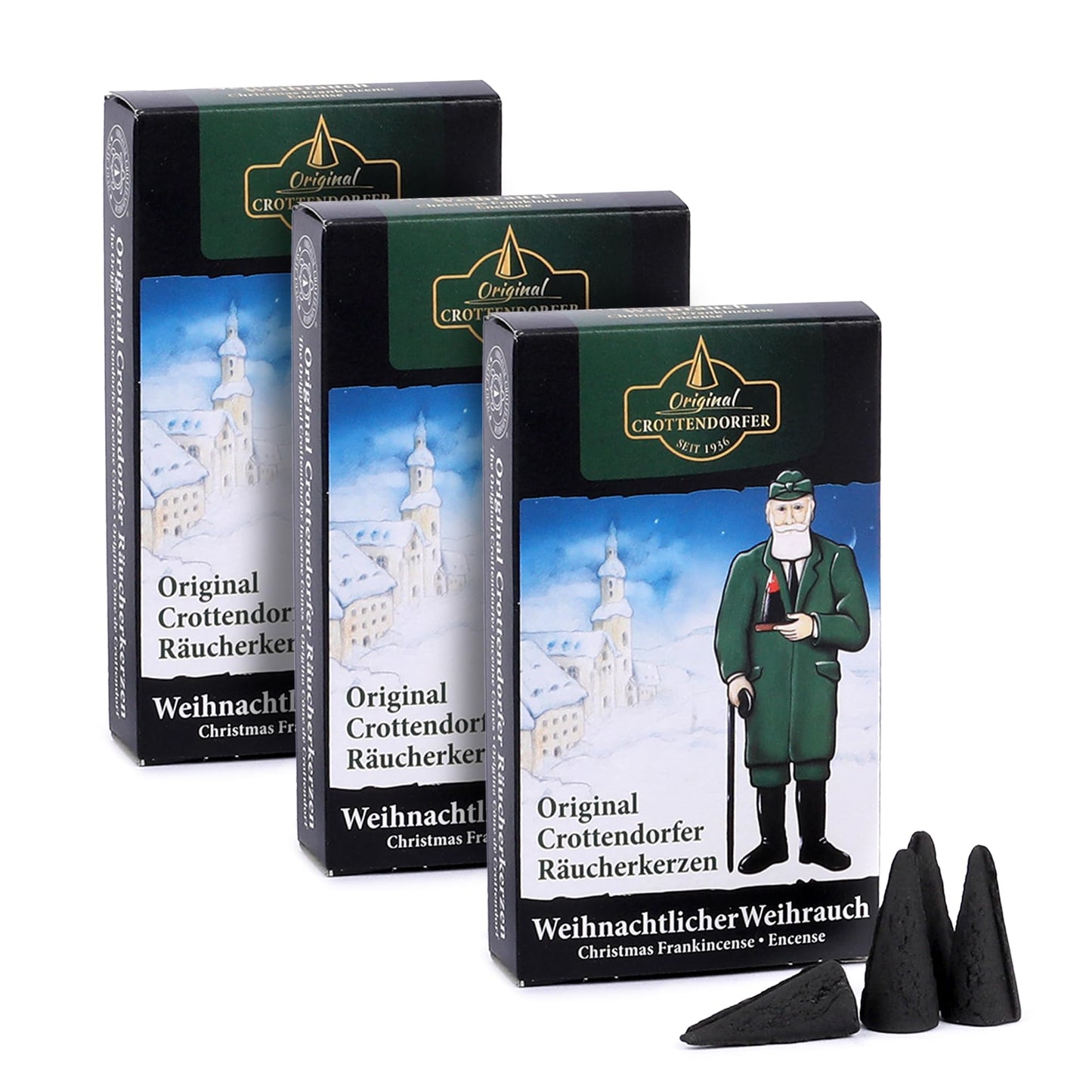 Crottendorfer Incense Cones Christmas Frankincense 3-Pack (3 x 24 cones) – Strong frankincense mixed with an exquisite vanilla note – Height 2.7cm, Ø 1.2cm – 15 min. burning time per cone