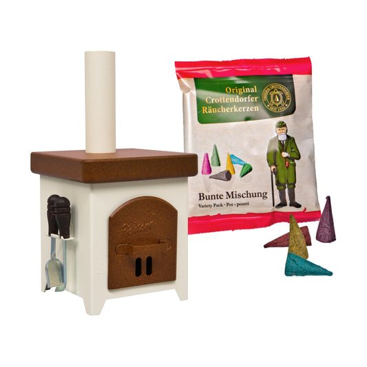Crottendorfer Räucherofen Hüttenofen braun/beige - inklusive Probepackung & Ofenbesteck