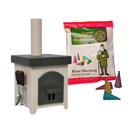 Crottendorfer Räucherofen Hüttenofen anthrazit/Elfenbein - inklusive Probepackung & Ofenbesteck