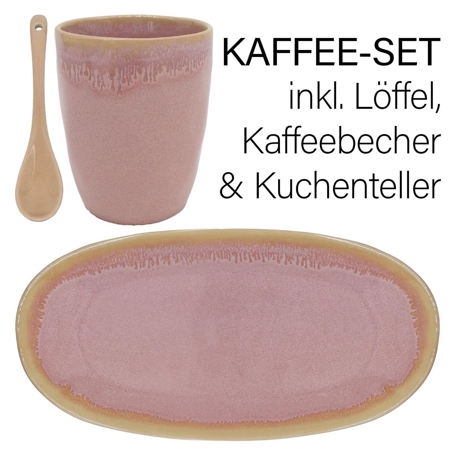 Mea-Living STONEWARE Set L rosa, con tazza, piatto e cucchiaio, stoviglie in gres fatte a mano, piatto da torta, bellissime stoviglie fatte a mano
