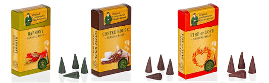 Crottendorfer Sensual Magic Incensi a Cono - Misura: M - 60 pezzi - Fragranza: Fuoco d'Amore + Armonia + Coffee House - Prodotto in Germania