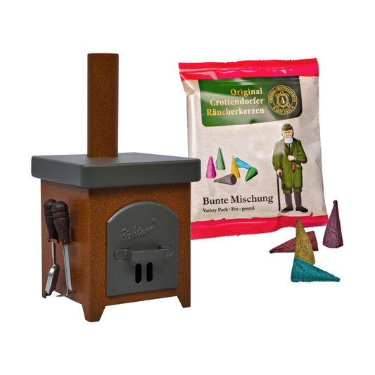 Crottendorfer Räucherofen Hüttenofen anthrazit/braun - inklusive Probepackung & Ofenbesteck