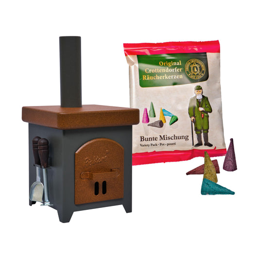 Crottendorfer Räucherofen Hüttenofen braun/anthrazit - inklusive Probepackung & Ofenbesteck