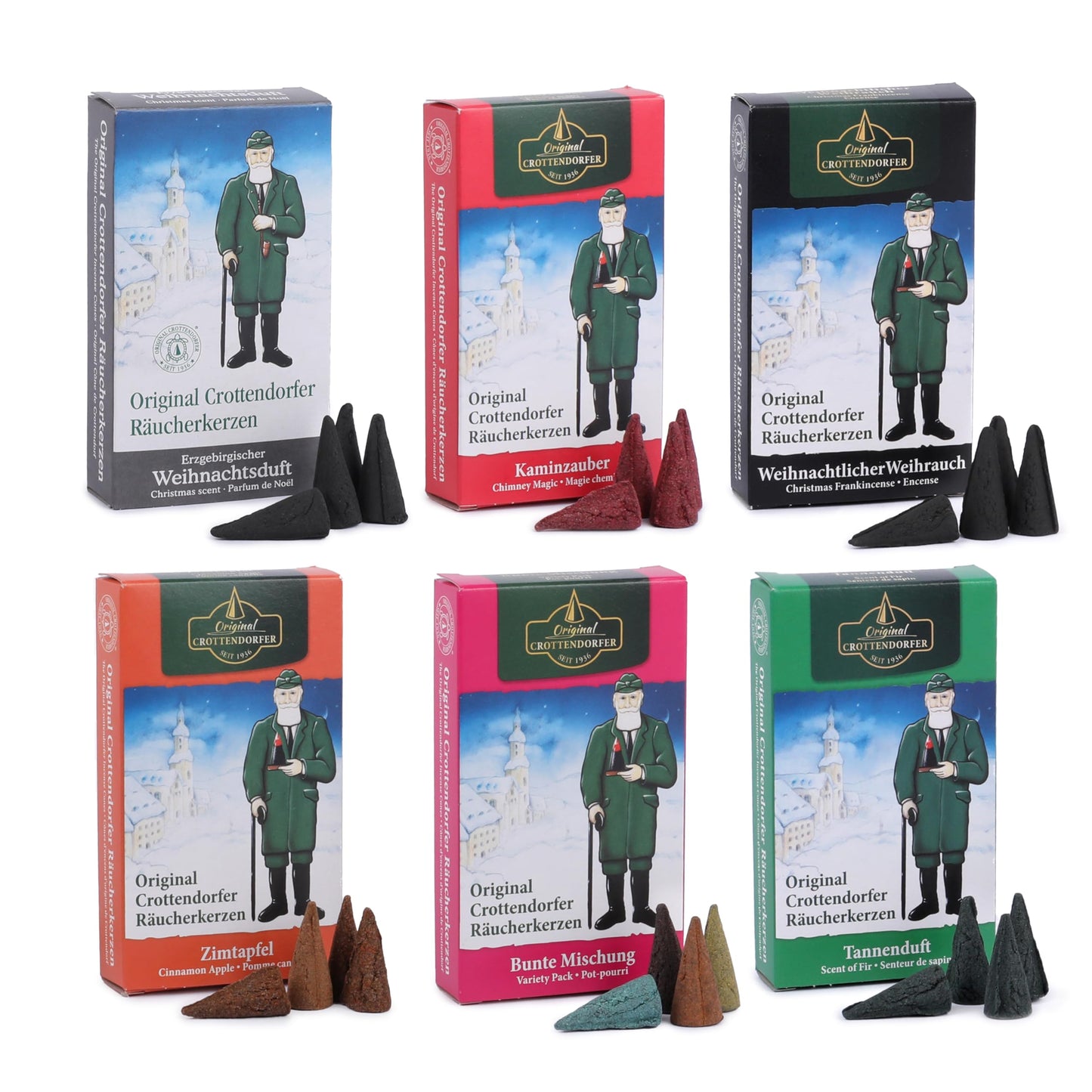 Crottendorfer Incense Cones Set of 6 (6 x 24 pieces) Christmas Frankincense, Chimney Magic, Colorful Mix, Fir Scent, Cinnamon Apple, Advent Scent