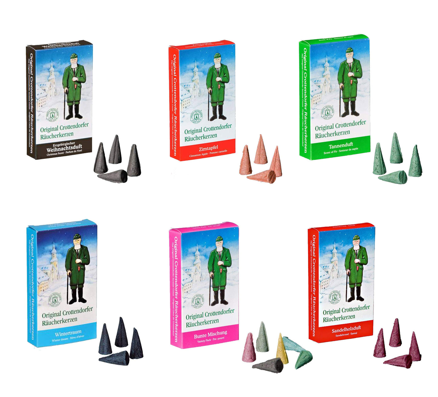 Crottendorf Incense Cones 6-Piece Set (6 x 24 cones) Christmas Scent, Cinnamon Apple, Fir Scent, Winter Dream, Assorted Mix, Sandalwood Scent