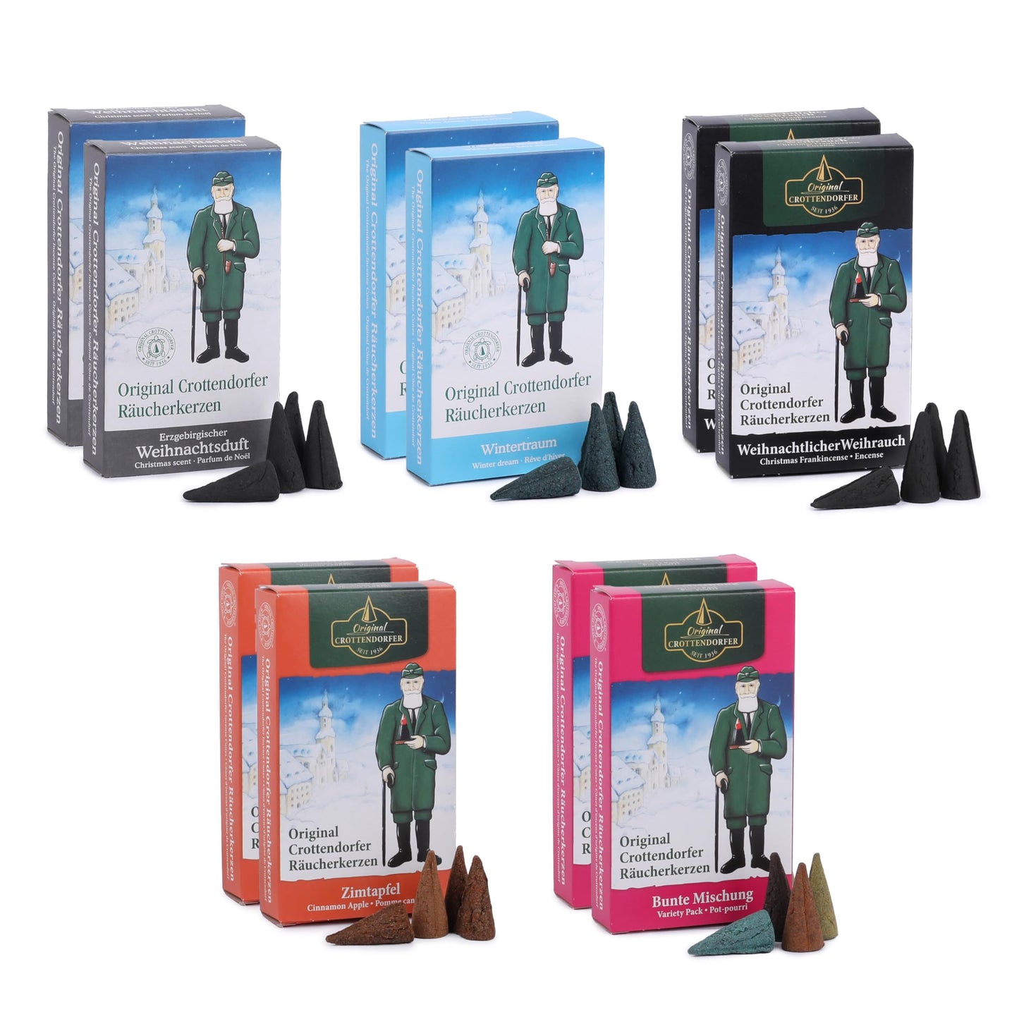 Crottendorfer Incense Cones Set of 10 (10 x 24 pieces): 2 x Winter Dream, 2 x Cinnamon Apple, 2 x Colorful Mix, 2 x Christmas Scent, 2 x Christmas Frankincense