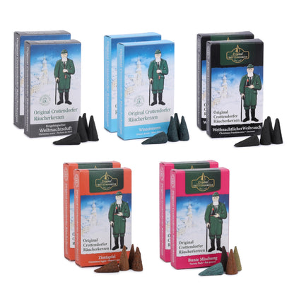 Crottendorfer Incense Cones Set of 10 (10 x 24 pieces): 2 x Winter Dream, 2 x Cinnamon Apple, 2 x Colorful Mix, 2 x Christmas Scent, 2 x Christmas Frankincense