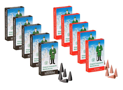 Crottendorfer Incense Cones Set of 10 (10 x 24 pieces) 5x Erzgebirge Christmas Scent + 10 x Cinnamon Apple