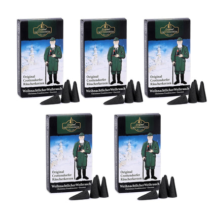 Crottendorfer Incense Cones Christmas Frankincense 5-pack (5 x 24 pieces) – Strong frankincense mixed with exquisite vanilla note – Height 2.7cm, Ø 1.2cm – 15 min burning time per incense cone