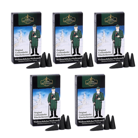 Crottendorfer Räucherkerzen Incenso Natalizio Confezione da 5 (5 x 24 pezzi) – Incenso forte miscelato con una squisita nota di vaniglia – Altezza 2,7 cm, Ø 1,2 cm – 15 min. Tempo di combustione per cono d'incenso