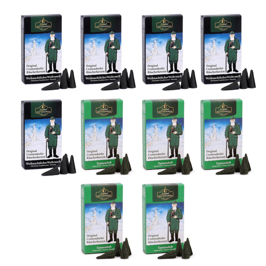 Crottendorfer Räucherkerzen 10er-Set (10 x 24 Stück)  5x Tannenduft + 5x Weihnachtlicher Weihrauch