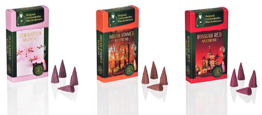 Original Crottendorf Incense Cones - World Tour - Size: M - Set of 3 - 60 Pieces - Scents: Zen Garden + Indian Summer + Russian Red - Made in Germany