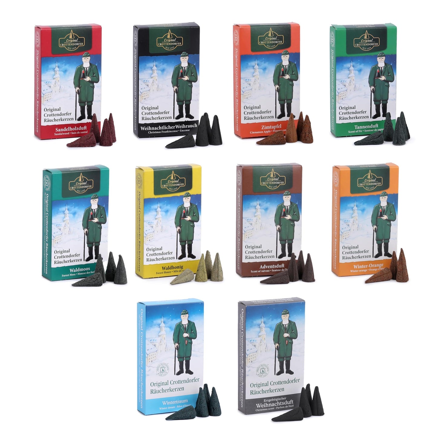 Crottendorfer Incense Cones Set of 10 (10 x 24 pieces) Frankincense, Fir Scent, Sandalwood, Cinnamon Apple & more
