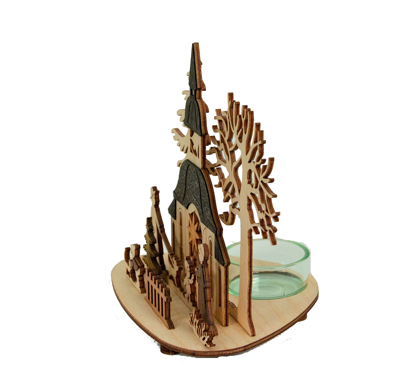 Kuhnert - high-quality tealight holder "Church" - with attached fine wood veneer - Dimensions: 13 x 10 x 15 cm - Made in Germany