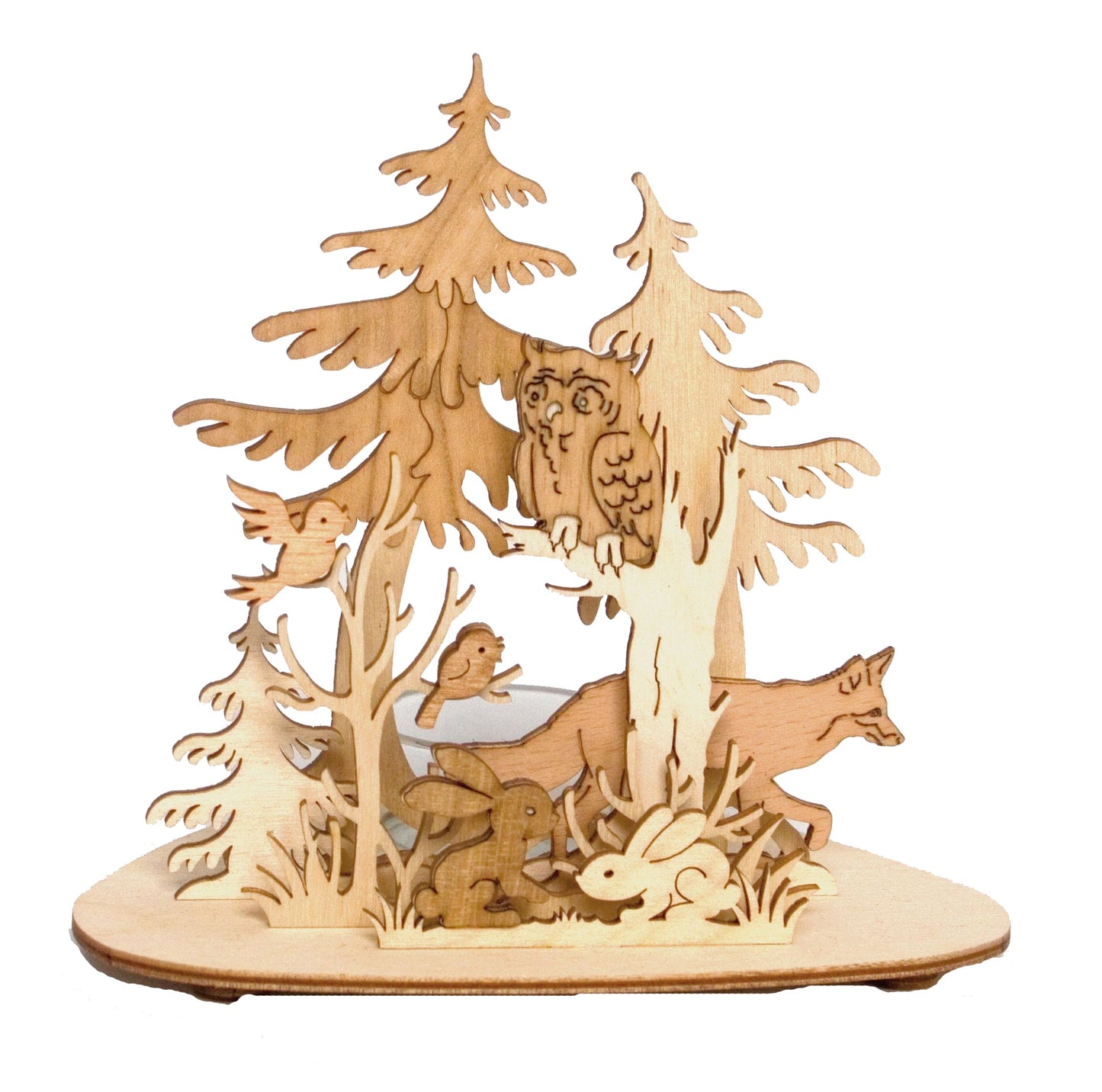 Kuhnert - high-quality tealight holder "Forest Animals" - with applied precious wood veneer - Dimensions: 13 x 10 x 15 cm - Made in Germany