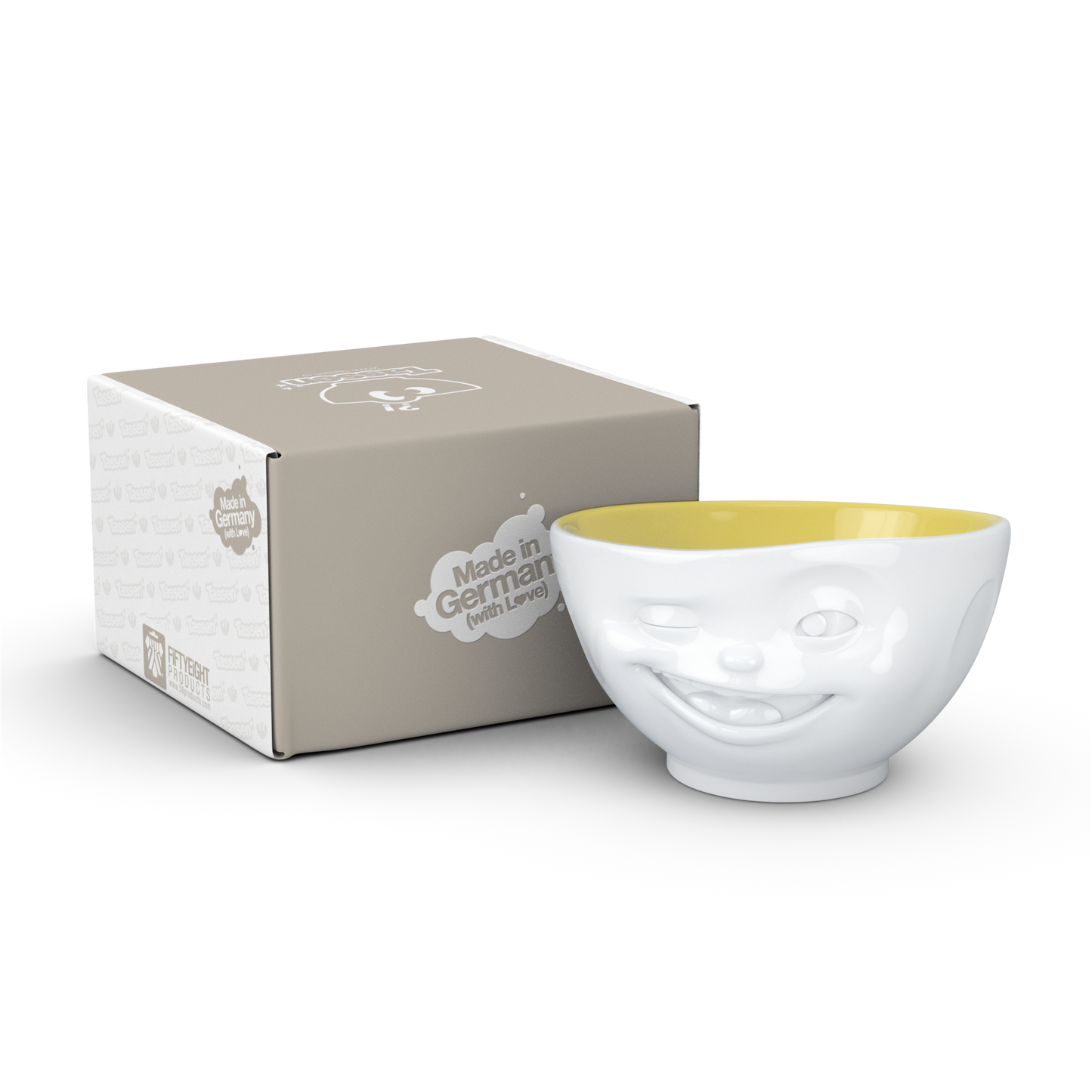 FIFTYEIGHT PRODUCTS / Mugs / Bowl "Winking" (Porcelain, 500ml, white, interior saffron, Made in Germany)