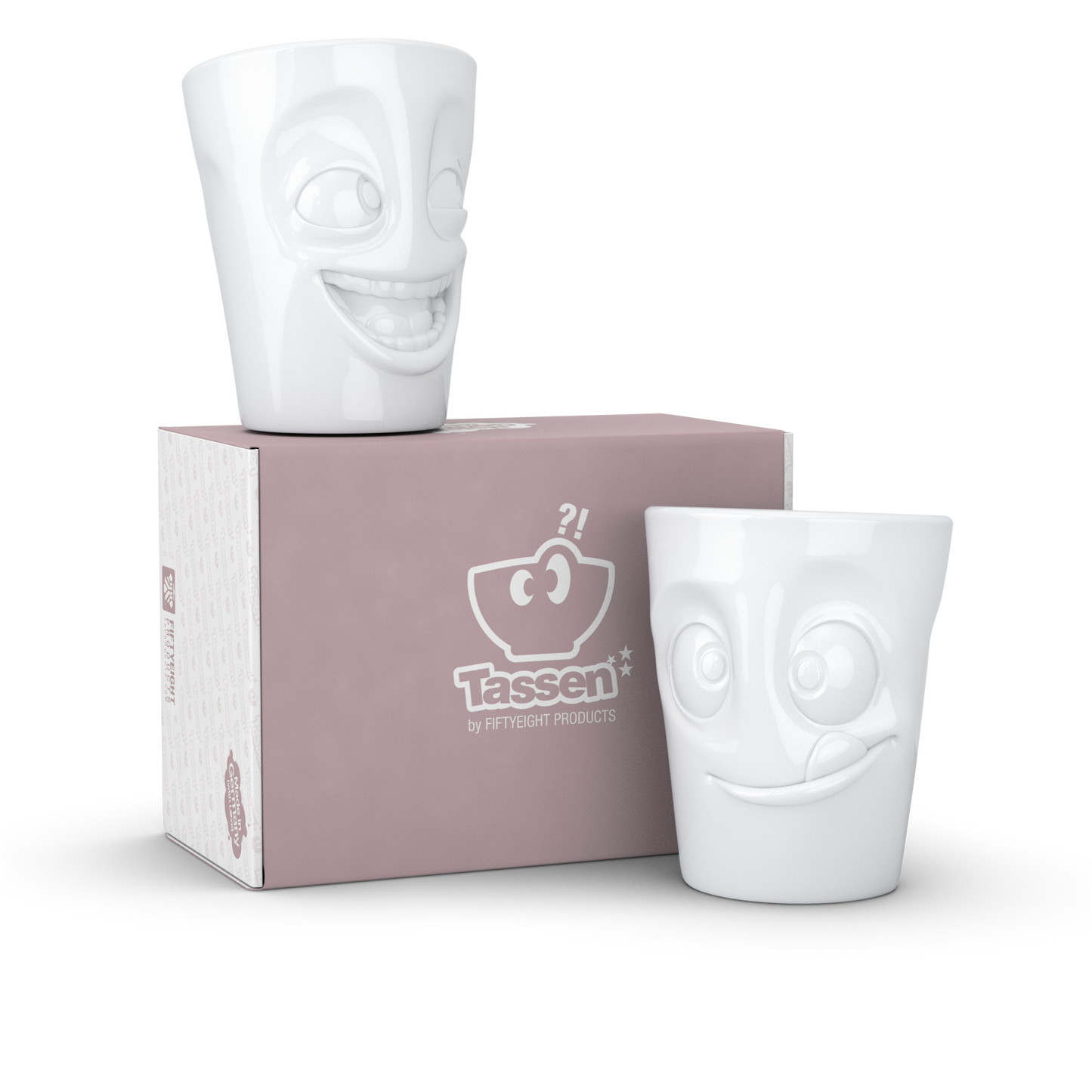 FIFTYEIGHT PRODUCTS / Tazze / Set 2 tazze senza manico n. 3 "Divertenti e Deliziose" (Porcellana, 2 x 350ml, Bianco, Made in Germany)