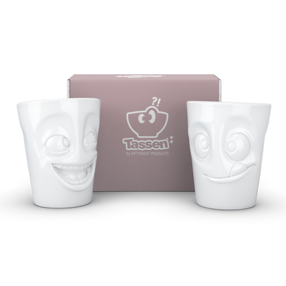 FIFTYEIGHT PRODUCTS / Tazze / Set 2 tazze senza manico n. 3 "Divertenti e Deliziose" (Porcellana, 2 x 350ml, Bianco, Made in Germany)