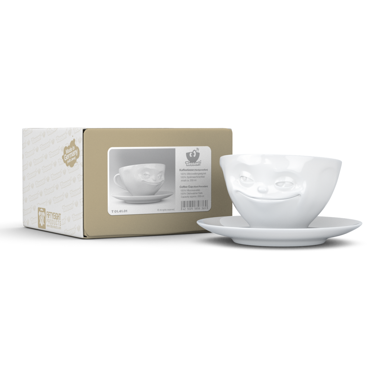 FIFTYEIGHT PRODUCTS / Mugs / Coffee mug "Grinning" (Porcelain, 200ml, white, Made in Germany)