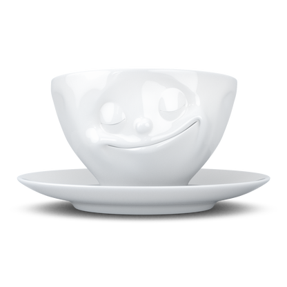 FIFTYEIGHT PRODUCTS / Tassen / Kaffeetasse „Glücklich“ (Porzellan, 200 ml, weiß, Made in Germany)