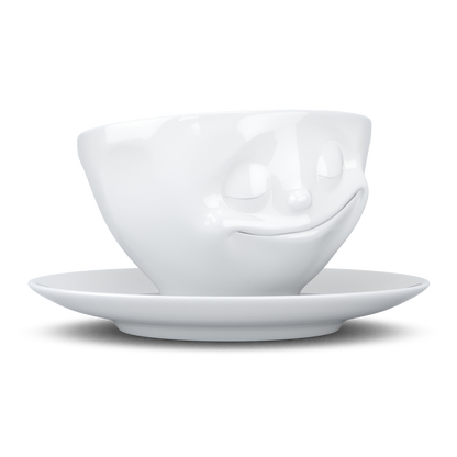 FIFTYEIGHT PRODUCTS / Tassen / Kaffeetasse „Glücklich“ (Porzellan, 200 ml, weiß, Made in Germany)