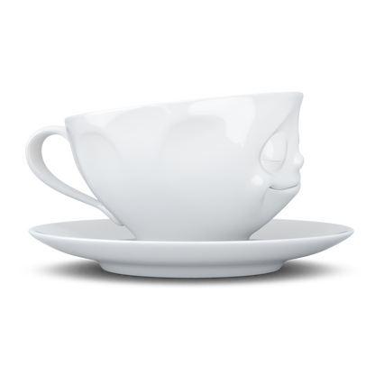 FIFTYEIGHT PRODUCTS / Tassen / Kaffeetasse „Glücklich“ (Porzellan, 200 ml, weiß, Made in Germany)