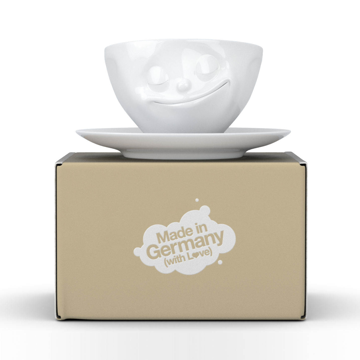 FIFTYEIGHT PRODUCTS / Tassen / Kaffeetasse „Glücklich“ (Porzellan, 200 ml, weiß, Made in Germany)