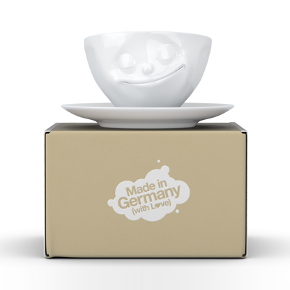 FIFTYEIGHT PRODUCTS / Tassen / Kaffeetasse „Glücklich“ (Porzellan, 200 ml, weiß, Made in Germany)