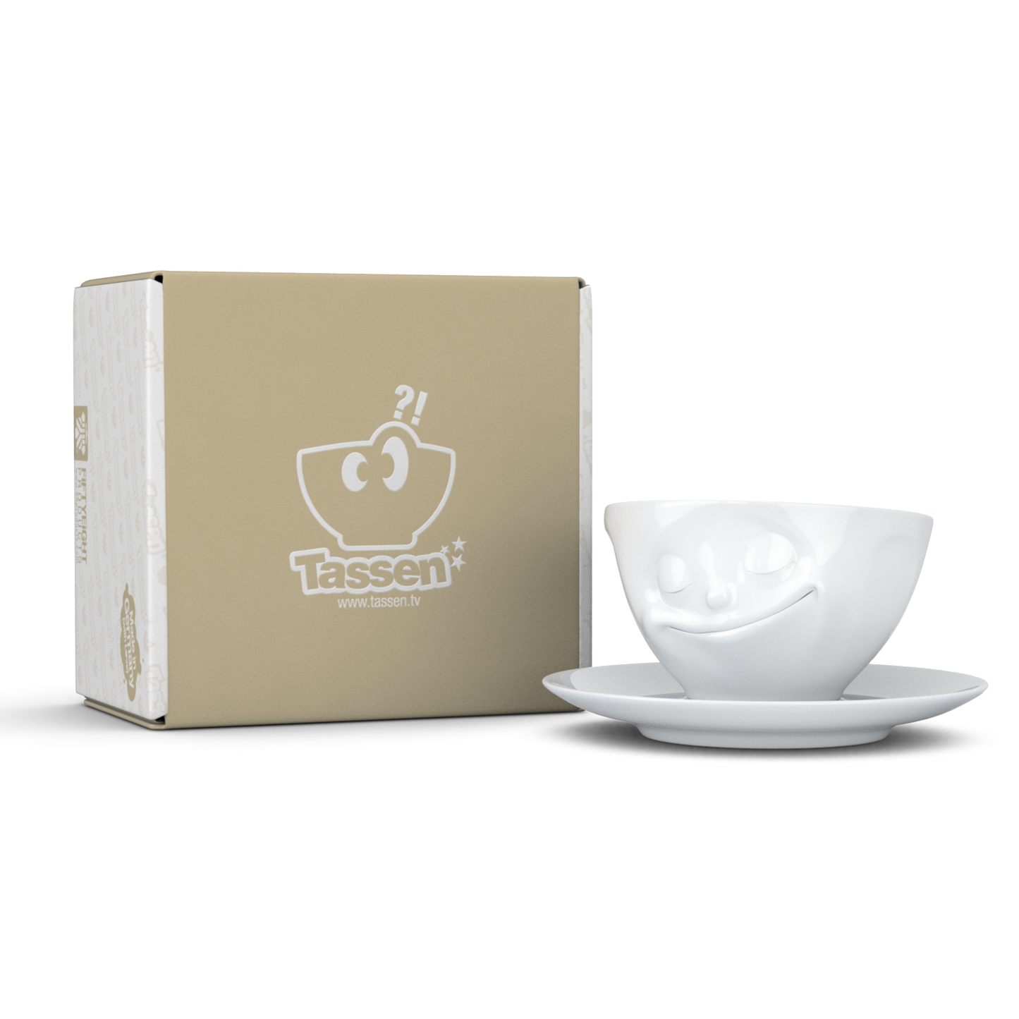 FIFTYEIGHT PRODUCTS / Tassen / Kaffeetasse „Glücklich“ (Porzellan, 200 ml, weiß, Made in Germany)