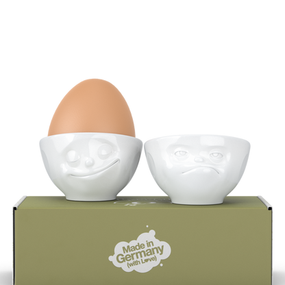FIFTYEIGHT PRODUCTS / Portauovo - Set n. 3 "Felice & HMPFF" (porcellana, bianco, Made in Germany)