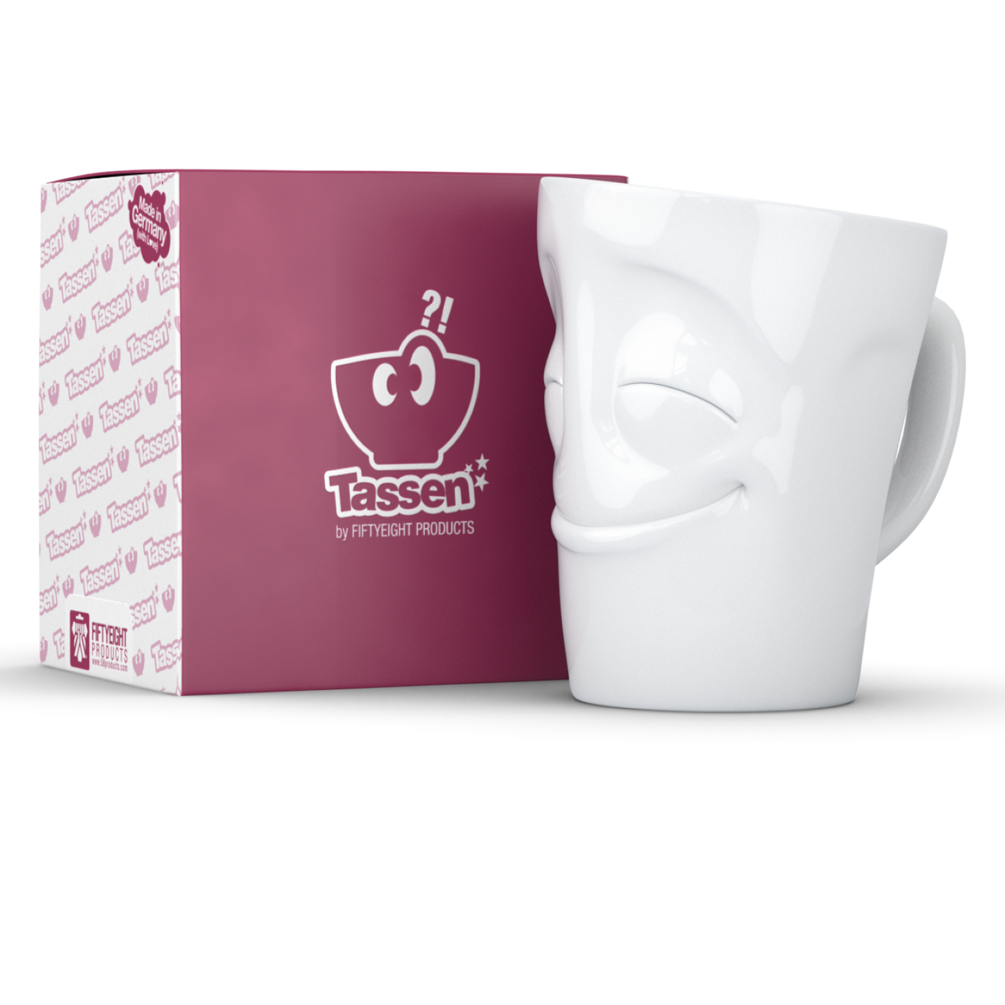 FIFTYEIGHT PRODUCTS / Tazza con manico "Vergnügt" (Porcellana, 350ml, bianca, Made in Germany)
