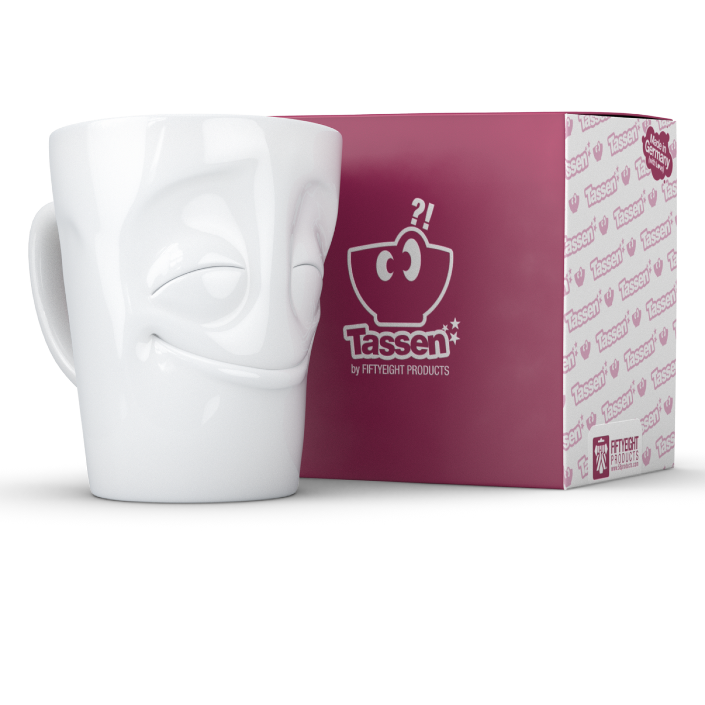 FIFTYEIGHT PRODUCTS / Tazza con manico "Vergnügt" (Porcellana, 350ml, bianca, Made in Germany)