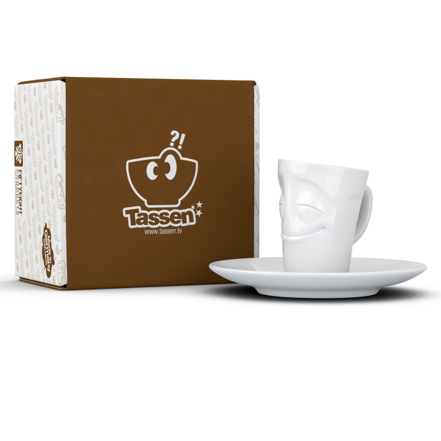 FIFTYEIGHT PRODUCTS / Cups / Espresso Cup with Saucer "Grinning" (Porcelain, 80 ml, White, Made in Germany)