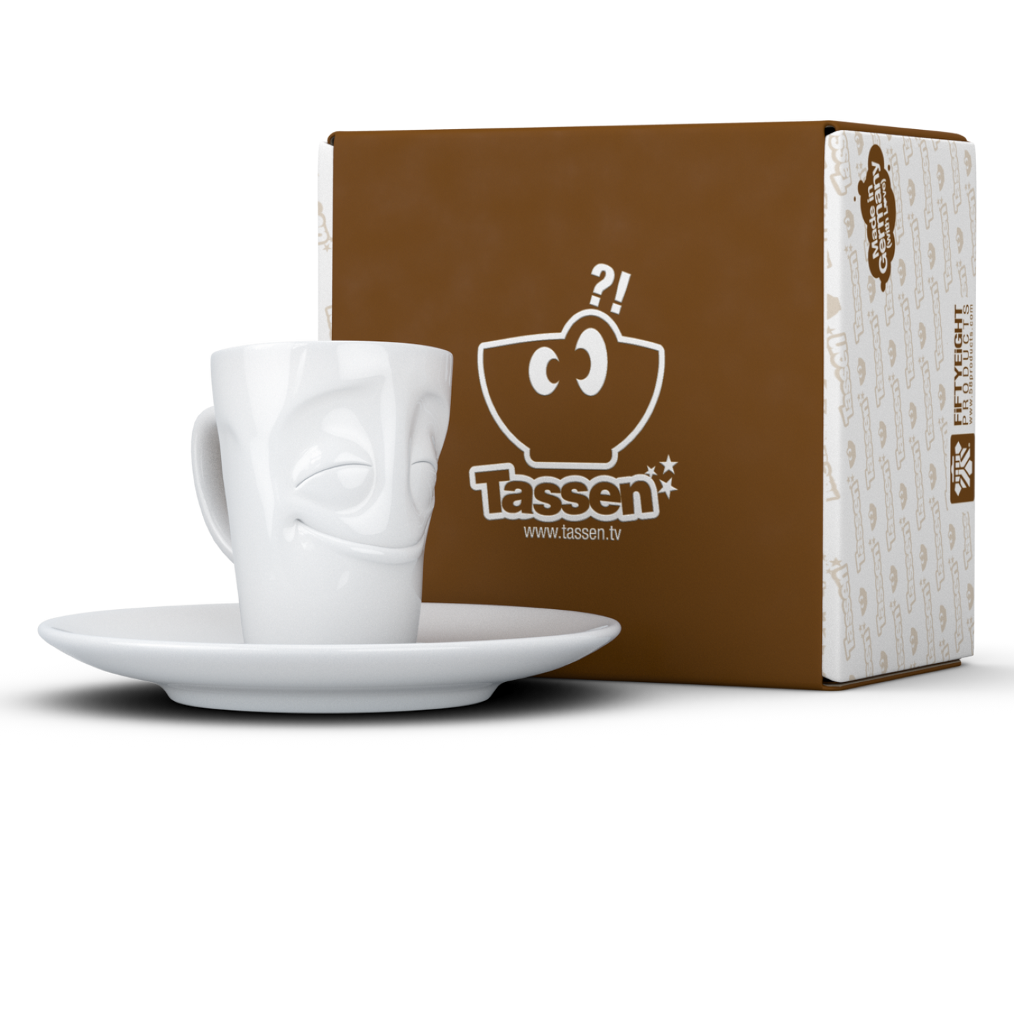 FIFTYEIGHT PRODUCTS / Cups / Espresso Cup with Saucer "Grinning" (Porcelain, 80 ml, White, Made in Germany)
